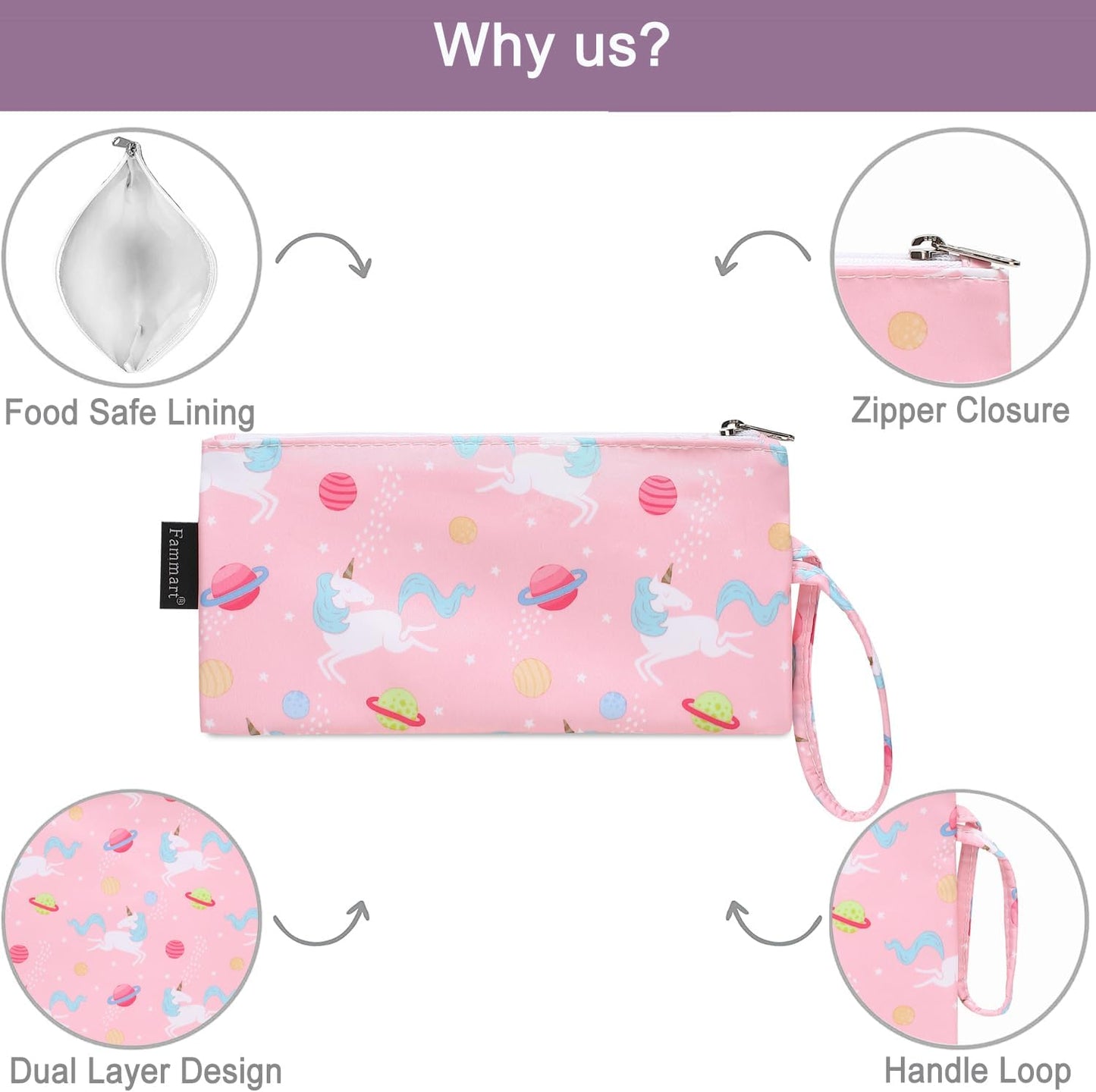 Reusable Sandwich Bag/Snack Bag for Kids & Adults, Dual Layer Lunch Bag with Handle, Washable, Food Safe, BPA Free (2-Pack, Planet Unicorn)