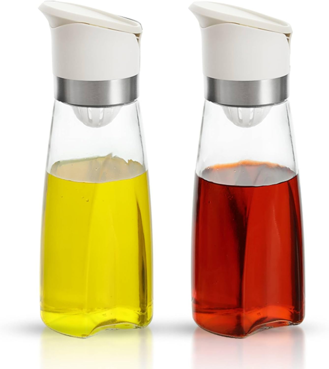 Premium Glass Olive Oil and Vinegar Dispenser Bottles Set, 2-Piece Kitchen Cooking Cruet with Auto-Open Lid, Non-Drip Pouring Spout, Oil Infuser Filter, Dishwasher Safe (White 11oz)