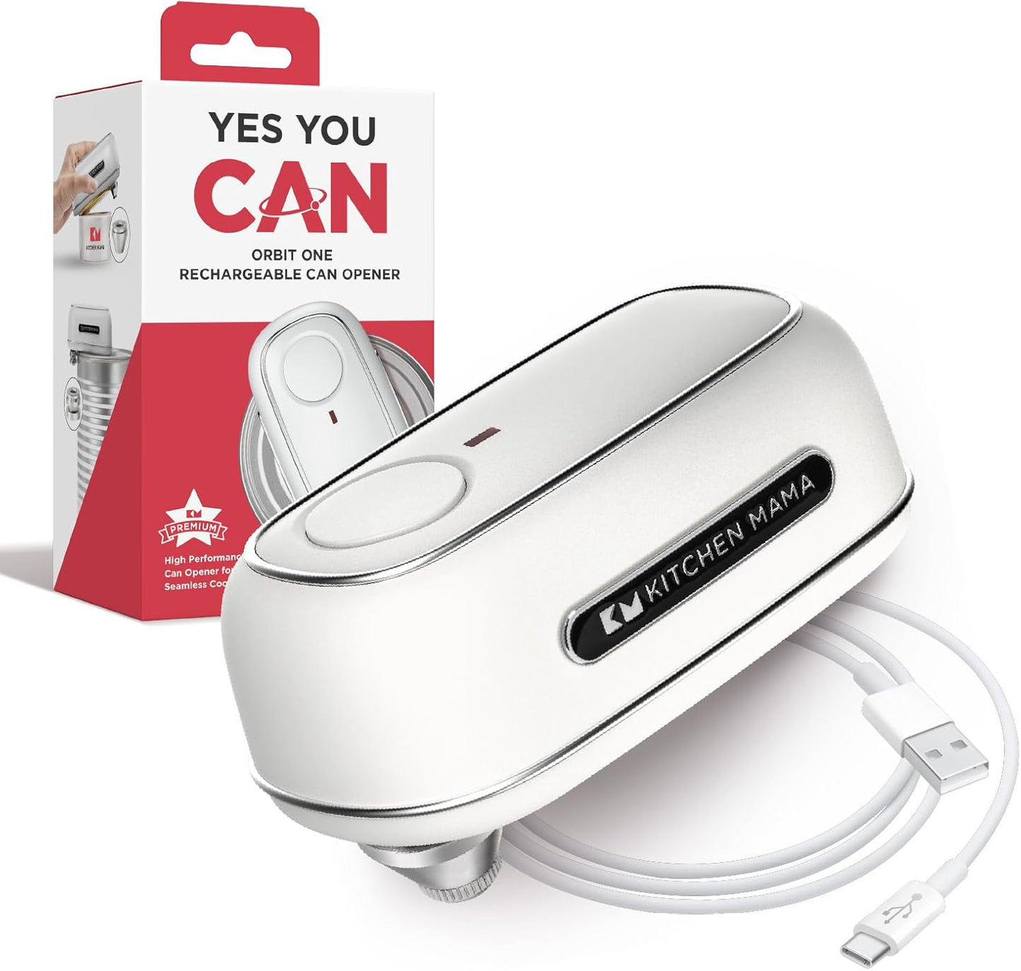 Kitchen Mama Orbit One Rechargeable Electric Can Opener: Hands-free, USB-C Charging, Automatic Stop, Smooth Edge, Safety, Blade for Large Cans, Heavy Duty, Soda and Pop Can, with Storage Box (White)