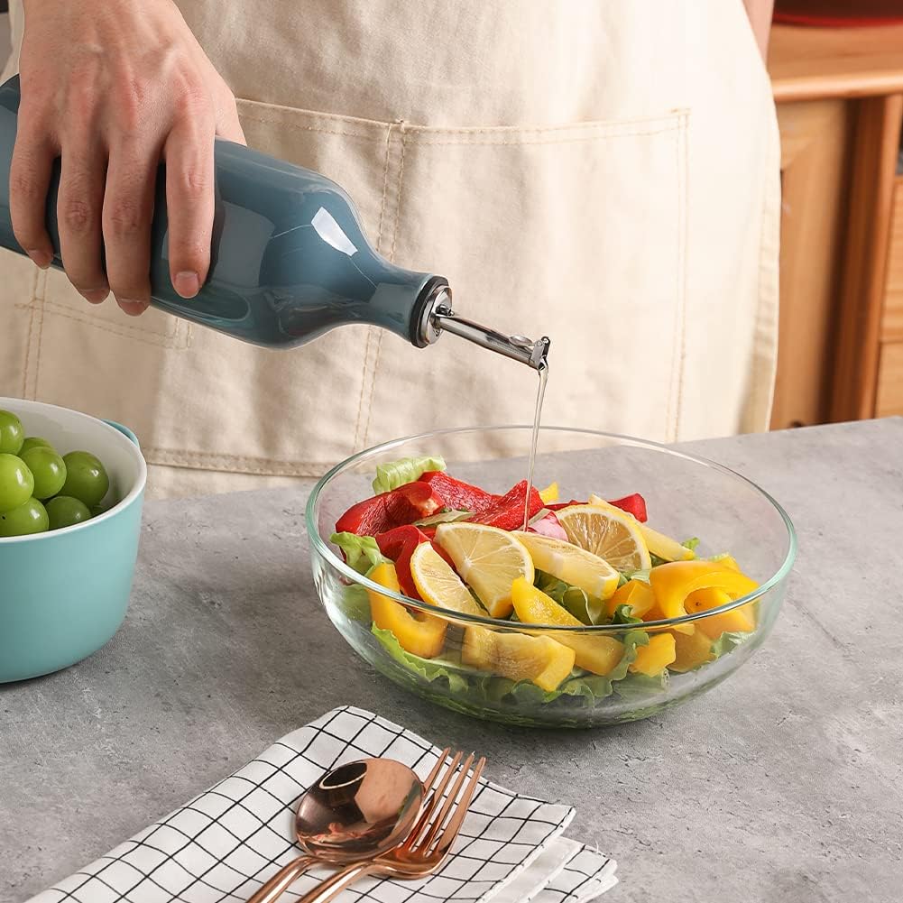 Sweejar Ceramic Olive Oil Dispenser Bottle, 20 Oz Relief Opaque Oil Cruet Protects Oil To Reduce Oxidation, Suitable for Storage Oil, Vinegar, Soy Sauce, Coffee Syrup, Liquids, Set of 1 (Fog Blue)