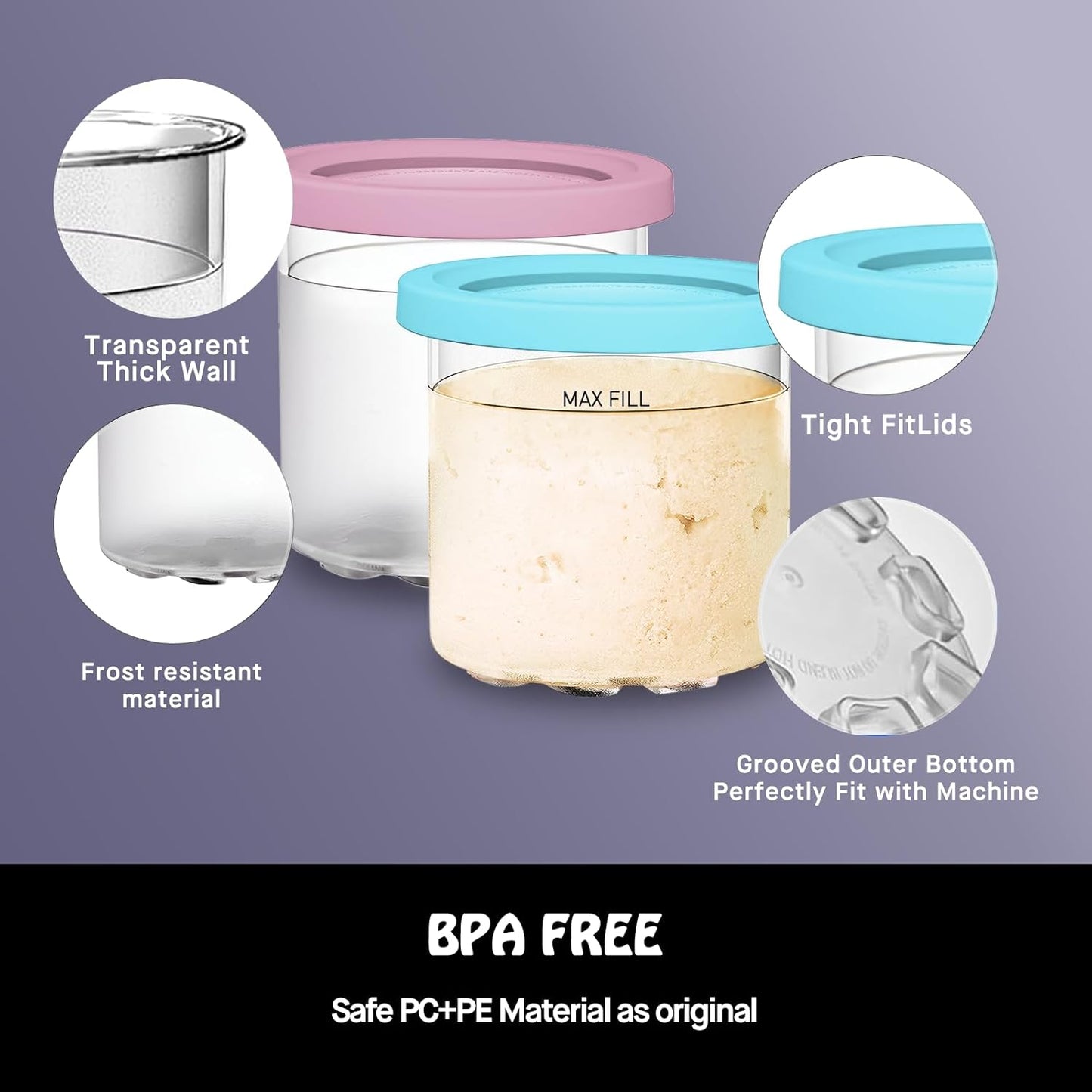Pints and Lids for Ninja Creami NC299AMZ & NC300s Series Ice Cream Makers, BPA-Free & Dishwasher Safe, Color Lids, 4 Pack, Clear/Lime/Aqua/Grey/Pink