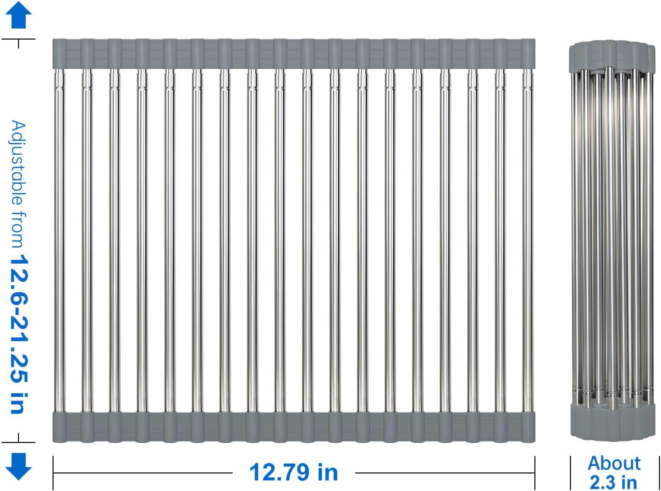 CHIRISEN Expandable Large Roll Up Dish Drying Rack, 18 Tubes 21.25x12.79'' Collapsible Over The Sink Rack, Non-Slip Silicone Rolling Dish Drainer Stainless Steel Rack for Kitchen Sink Counter (Gray)