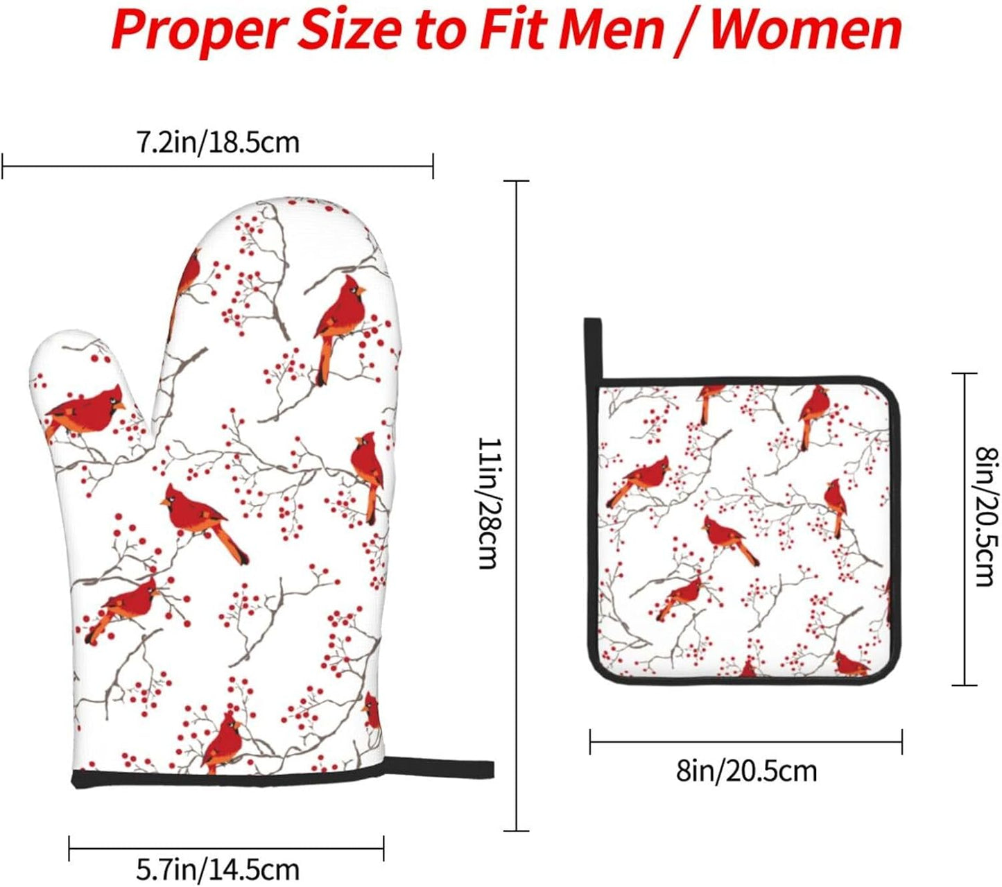 Cardinal Bird Red Berry Decor Oven Mitts and Pot Holders Sets of 3 Heat Resistant Non Slip BBQ Gloves for Cooking Grilling Baking Holiday Kitchen Decor