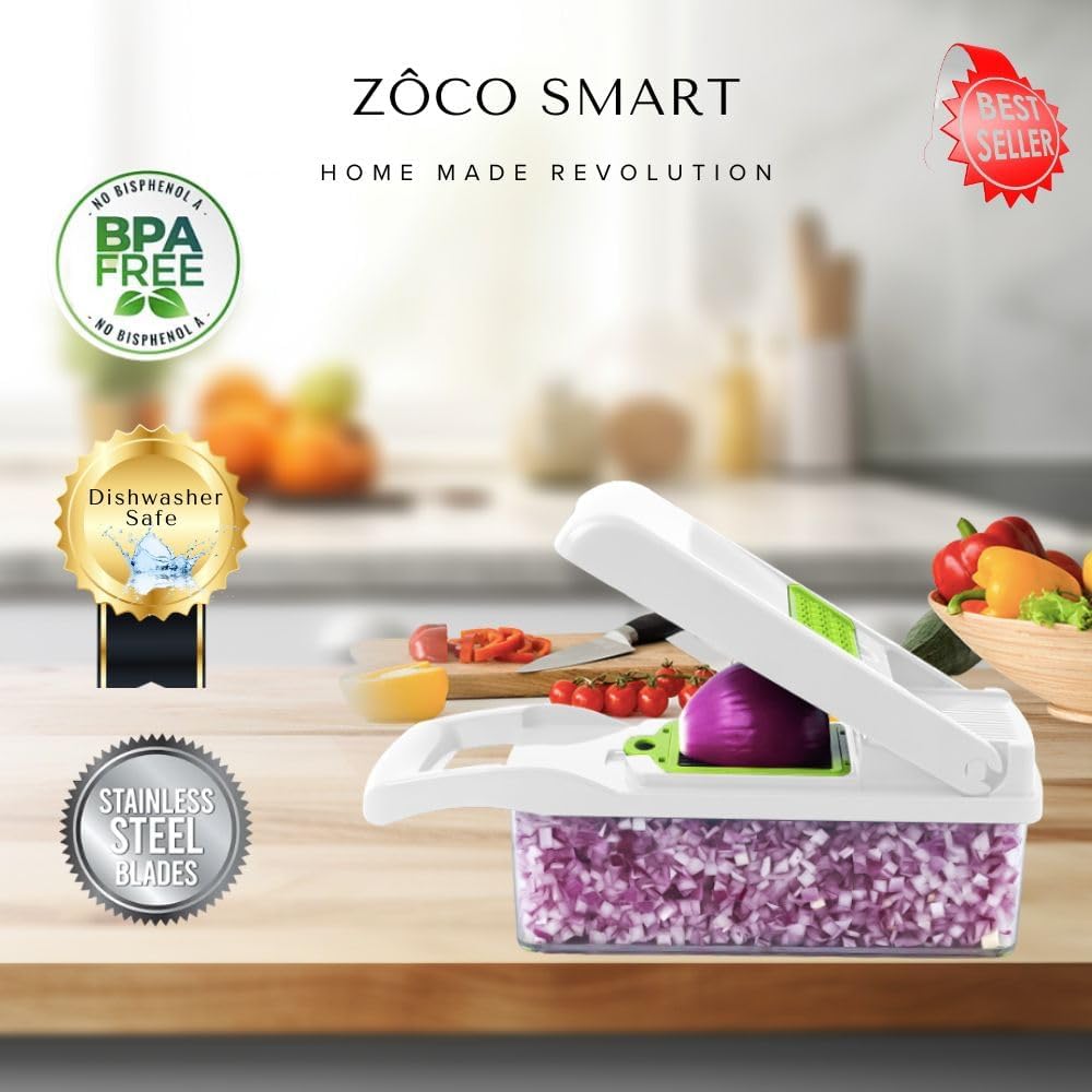 Pro Vegetable Chopper, Professional Mandoline Slicer for Kitchen, Veggie Chopper, Vegetable Slicer with Stainless Steel Blades, Food Chopper with Container, French Fry Cutter By Zôco Smart