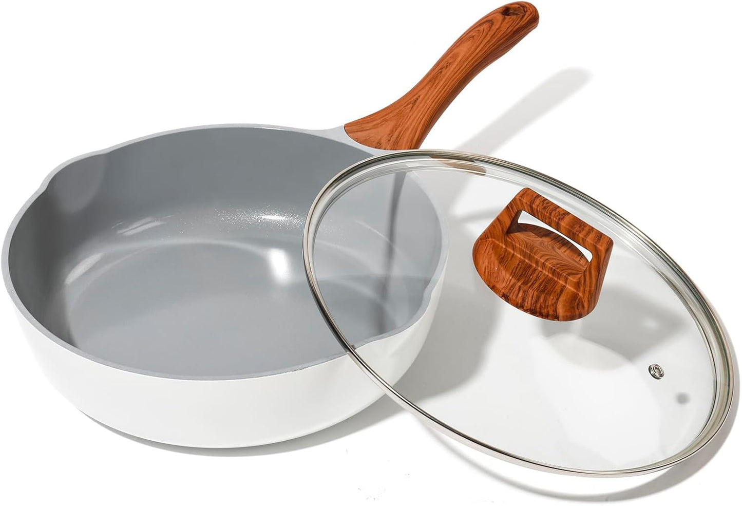 Nonstick Frying Pans With Lid, 11 Inches Skillets Deep Frying Pan Non stick, Ceramic Frying Pans With Pour Spout, Non Toxic Frying Pan for Stove, Induction, Gas, PB/CD/PFOA Free (White,11 Inches)