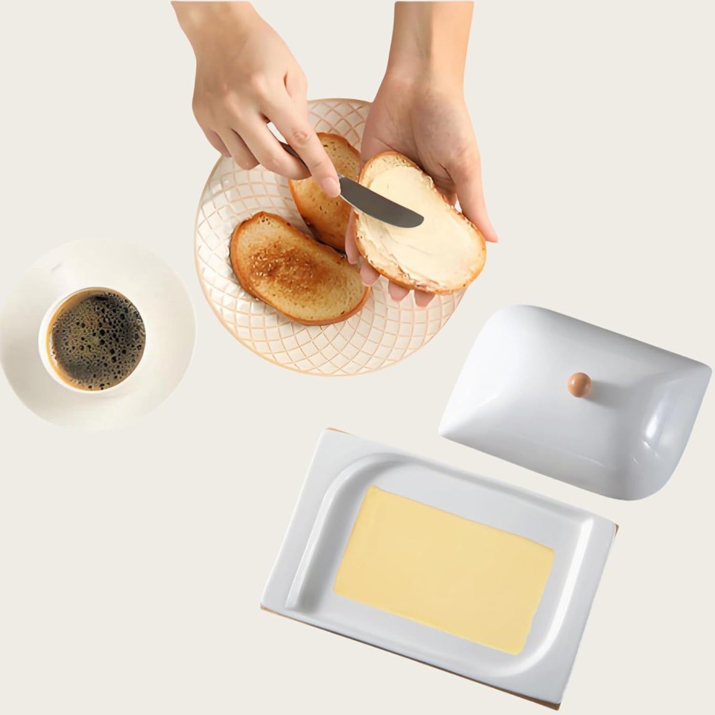 HAN SHENG Ceramic Butter Dish with Bamboo Tray & Lid - Butter Keeper Holder for Countertop, Fits East/West Coast & Large Sticks, Kitchen & Table Decor Gift