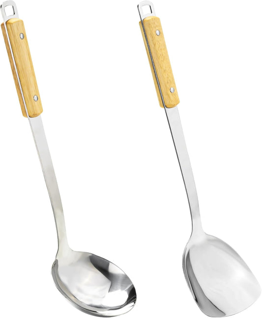 FJNATINH Spatula and Ladle - Set of 2 Wok Tools - Universal Wok Ladle and Spatula - Stainless Steel Cooking Utensils and Wok Accessories,14"-15"