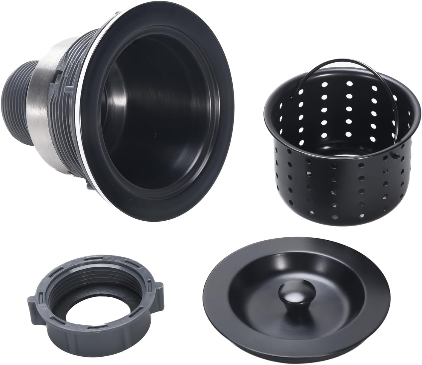 Kitchen Sink Drain 3-1/2 Inch Black Sink Drain Assembly Kit, Removable Deep Sink Strainer Basket with Sink Stopper/Sealing Lid for Home, Kitchen, Stainless Steel