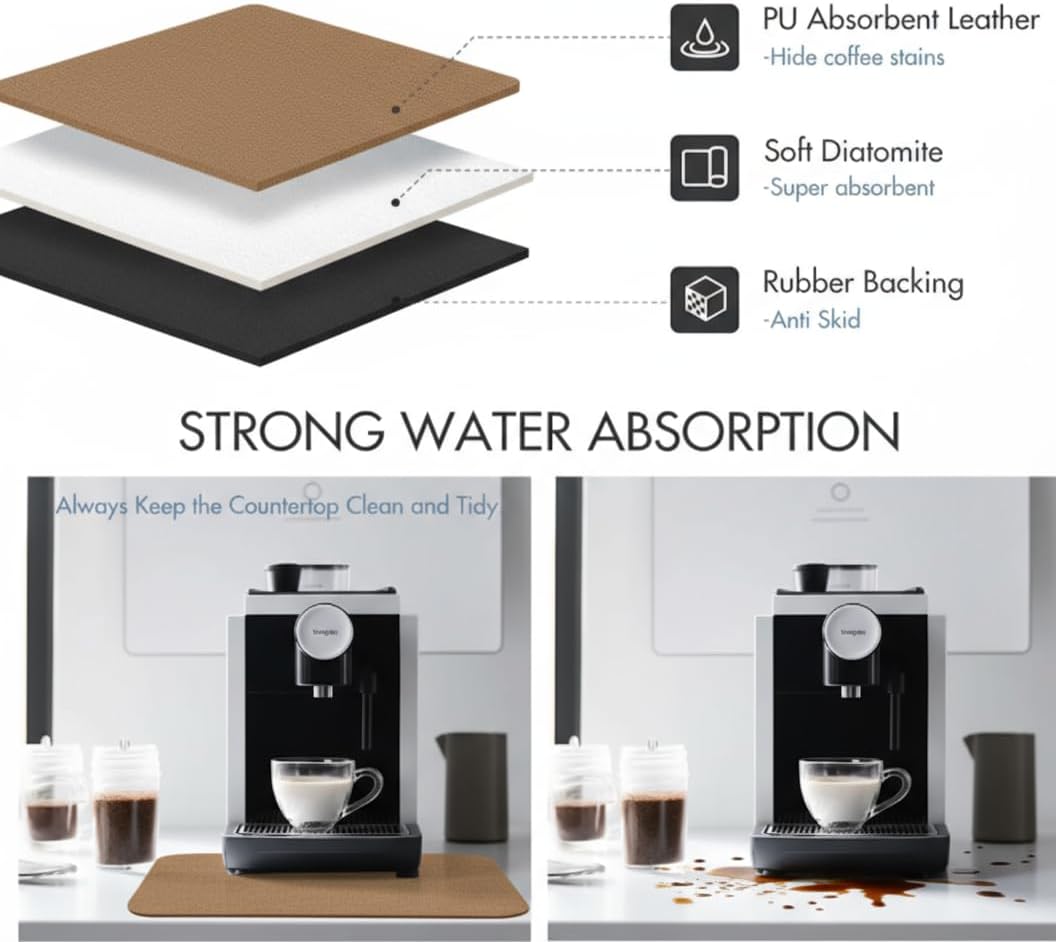 Dish Drying Mat Super Absorbent – 16" x 18" Coffee Mat for Countertops – Non-Slip Drying Mat for Kitchen Counter – Easy to Clean Water Absorbent Mat – Large Dish Drying Mats (Brown)