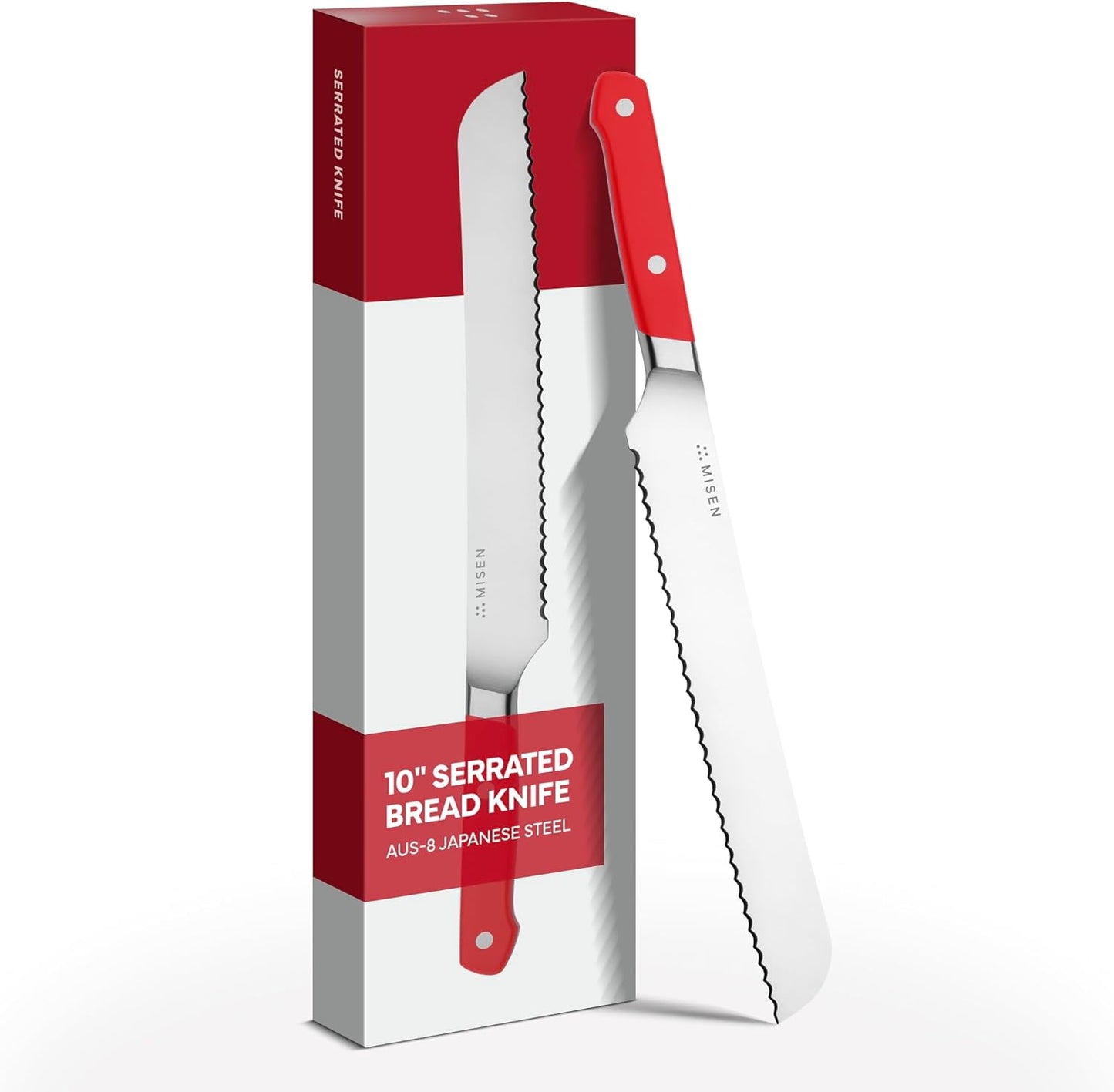Misen Serrated Bread Knife – High-Carbon Japanese AUS8 Steel – Effortless Slicing of Bread, Pastries, and Fruits – Razor-Sharp Edge and Durable Blade with Ergonomic Handle - 10", Red