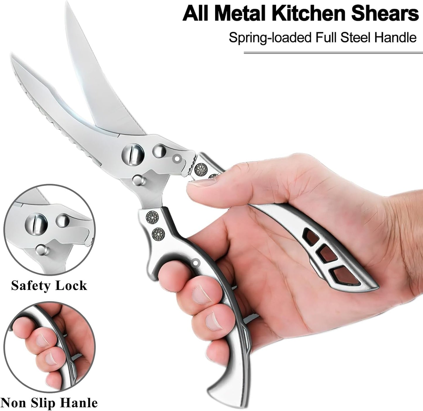 Poultry Shears Heavy Duty Professional, Multipurpose Kitchen Shears with Sheath, Spring-Loaded Stainless Steel Chef Scissors Cutting Bone, Chicken, Fish, Food, Meat, Full Steel Handle Silver