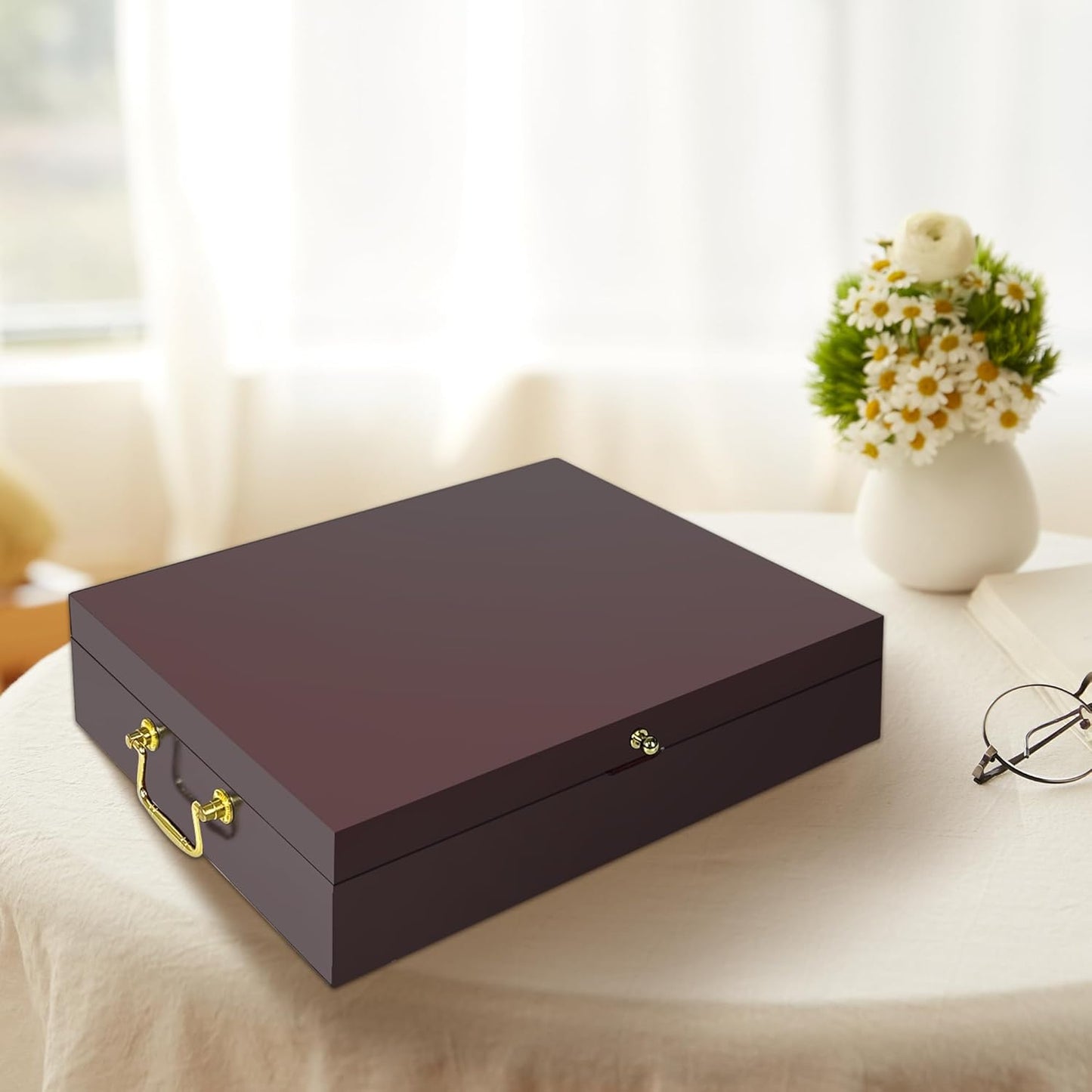 Silverware Storage Box Solid Wood with Lid, Silverware Organizer with Handle and Felt Lined, Silverware Storage Chest for Flatware and Utensils Home Decor Gift, Chest for Flatware Setting Up 15