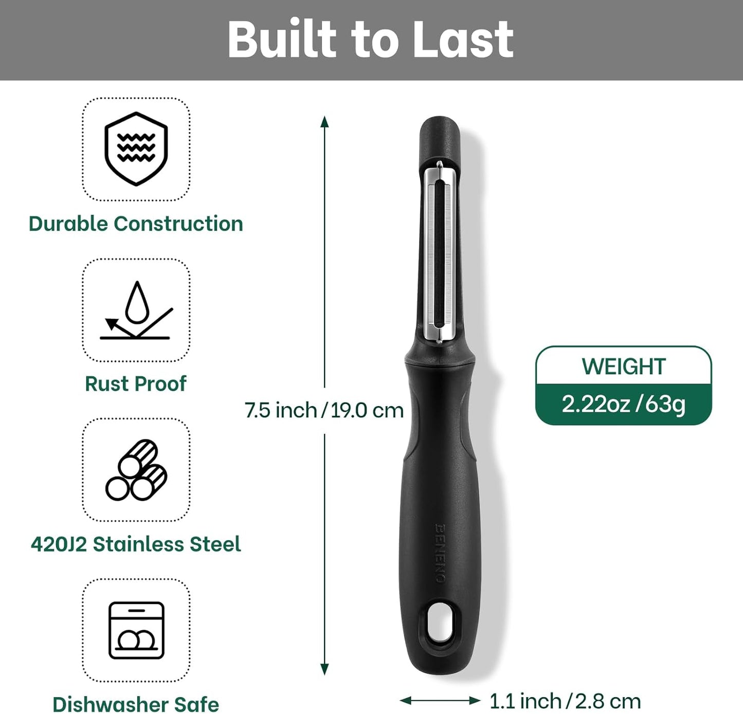 Beneno Swivel Vegetable Peeler, Razor-Sharp Smooth Peeling Stainless Steel Blades, Ergonomic Comfort Non-Slip Rubber Handle, Durable Kitchen Peeler Tool with Potato Eye Remover, Dishwasher Safe, Black