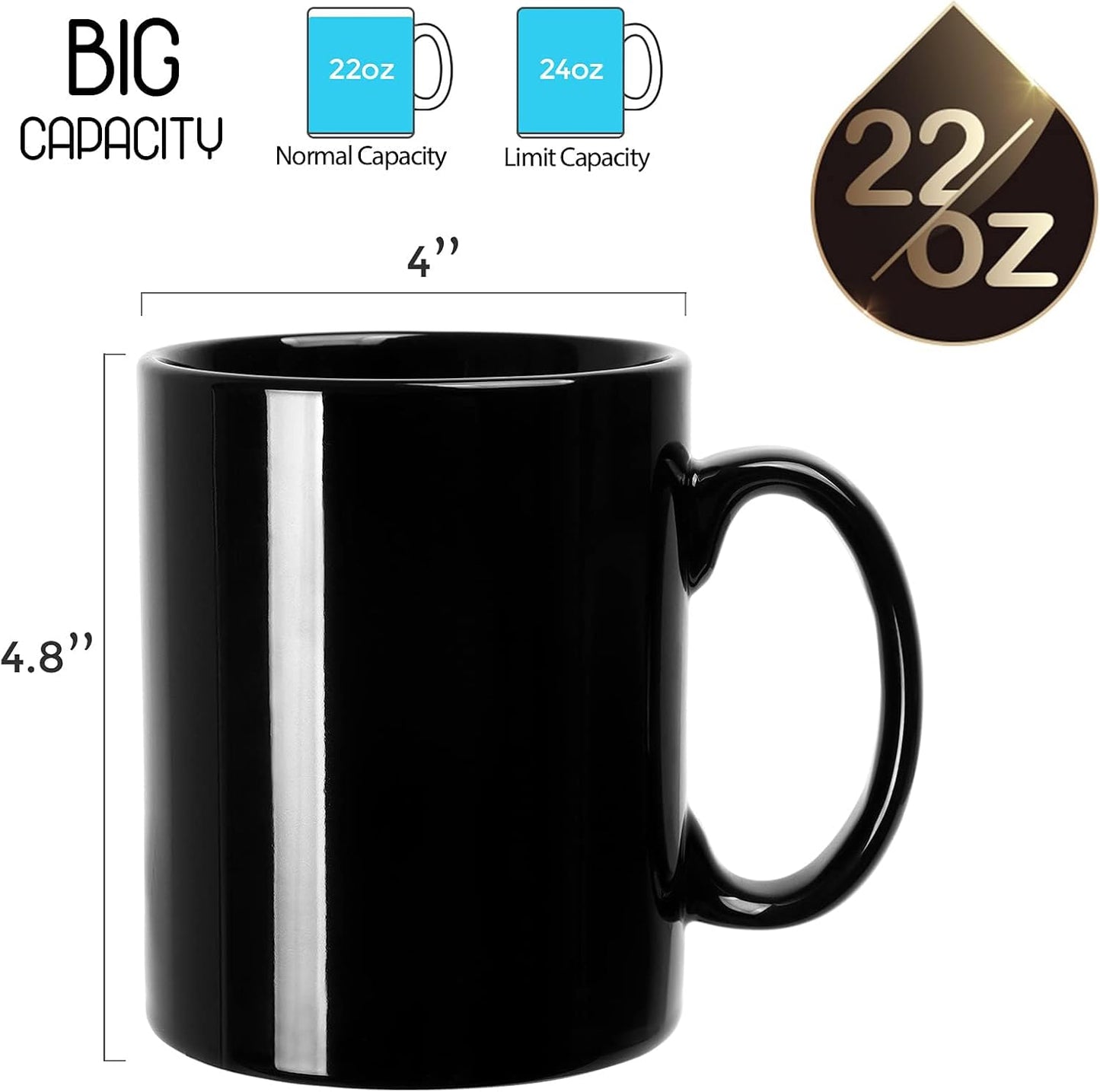 Large Coffee Mugs, 22 OZ(650ml) Extra Coffee Mug Set of 2, Smooth Ceramic Boss Cups, Big Capacity and Large Handle, for Dad Men, Black