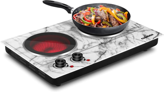 CUSIMAX Hot Plate, 1800W Double Burner Electric Hot Plate for Cooking, Dual Control Portable Infrared Stove Countertop Cooktop, Heat-up in Seconds, Stainless Steel White Marble