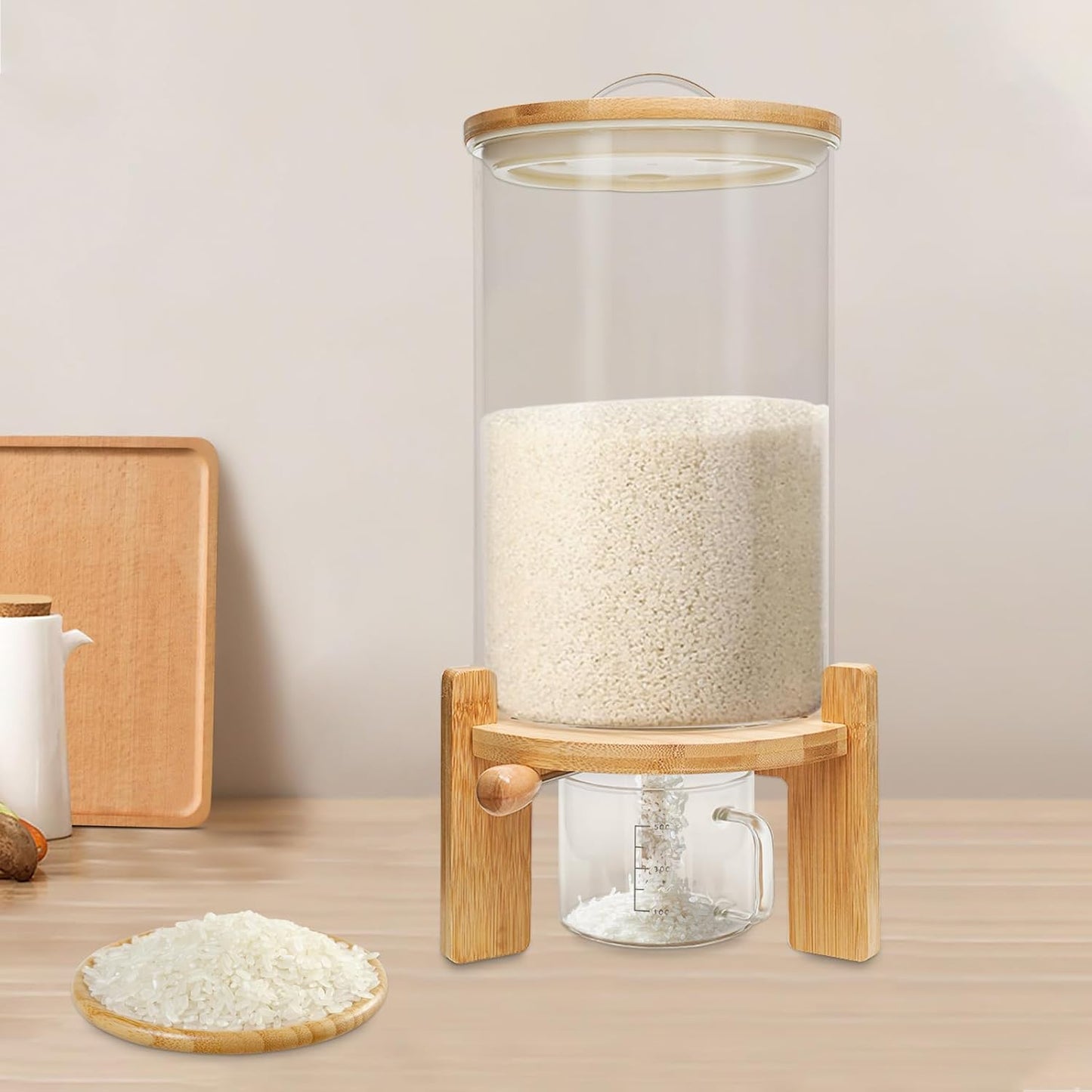 CNCEST Flour and Cereal Container, Glass Rice Dispenser, Countertop Cereal Dispenser with Measuring Cup, Airtight Lid & Wooden Stand for Storing Rice, Flour, Nuts, Coffee Beans (7.5L/1.98Gal)