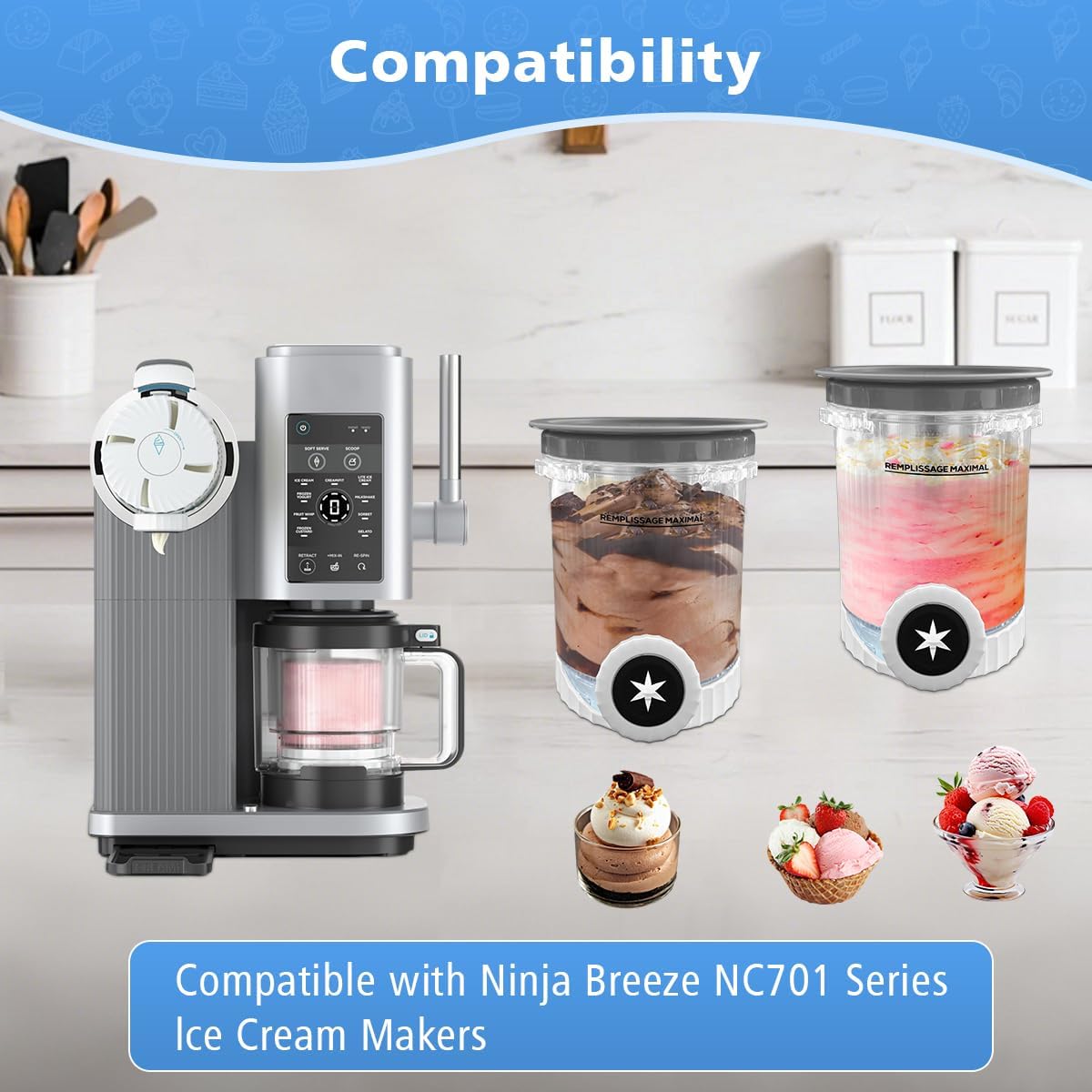 Replacement Pints and Lids for Ninja Swirl Ice Cream & Soft Serve Makers, 2-Pack 16 oz Containers Compatible with Ninja CREAMi NC701, NC700 Series Ice Cream Maker - BPA-Free, Dishwasher Safe