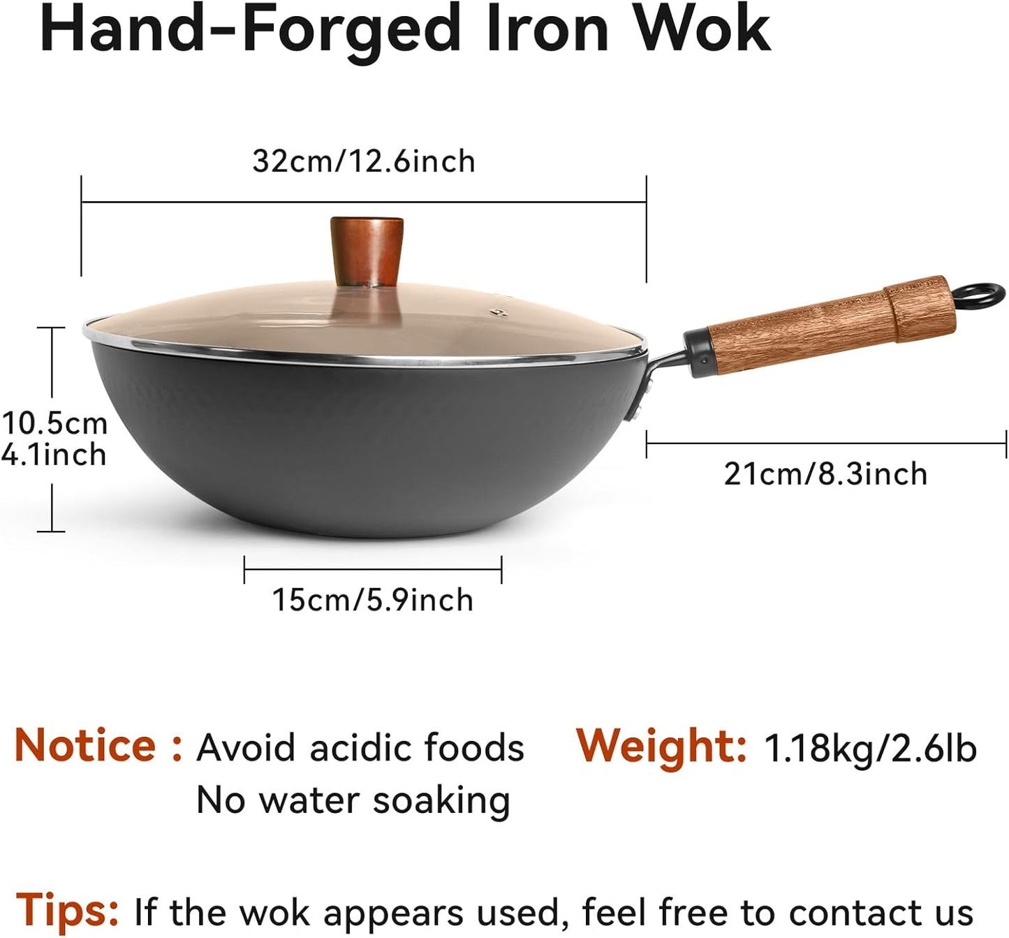 WANGYUANJI 12.6-Inch Wok Pan with Lid, Flat Bottom Wok with Detachable Wooden Handle, Compatible with All Stovetops