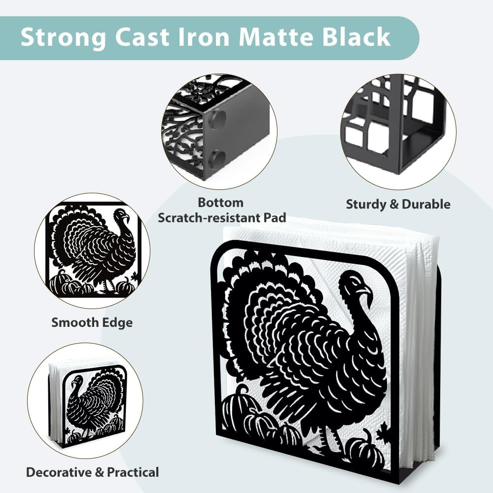 Turkey Decorative Black Metal Napkin Holder for Table, 4.9" x 4.9" x 1.9" Standing Napkin Holder for Home Kitchen Restaurant Picnic Party Coffee Bar Dining Room
