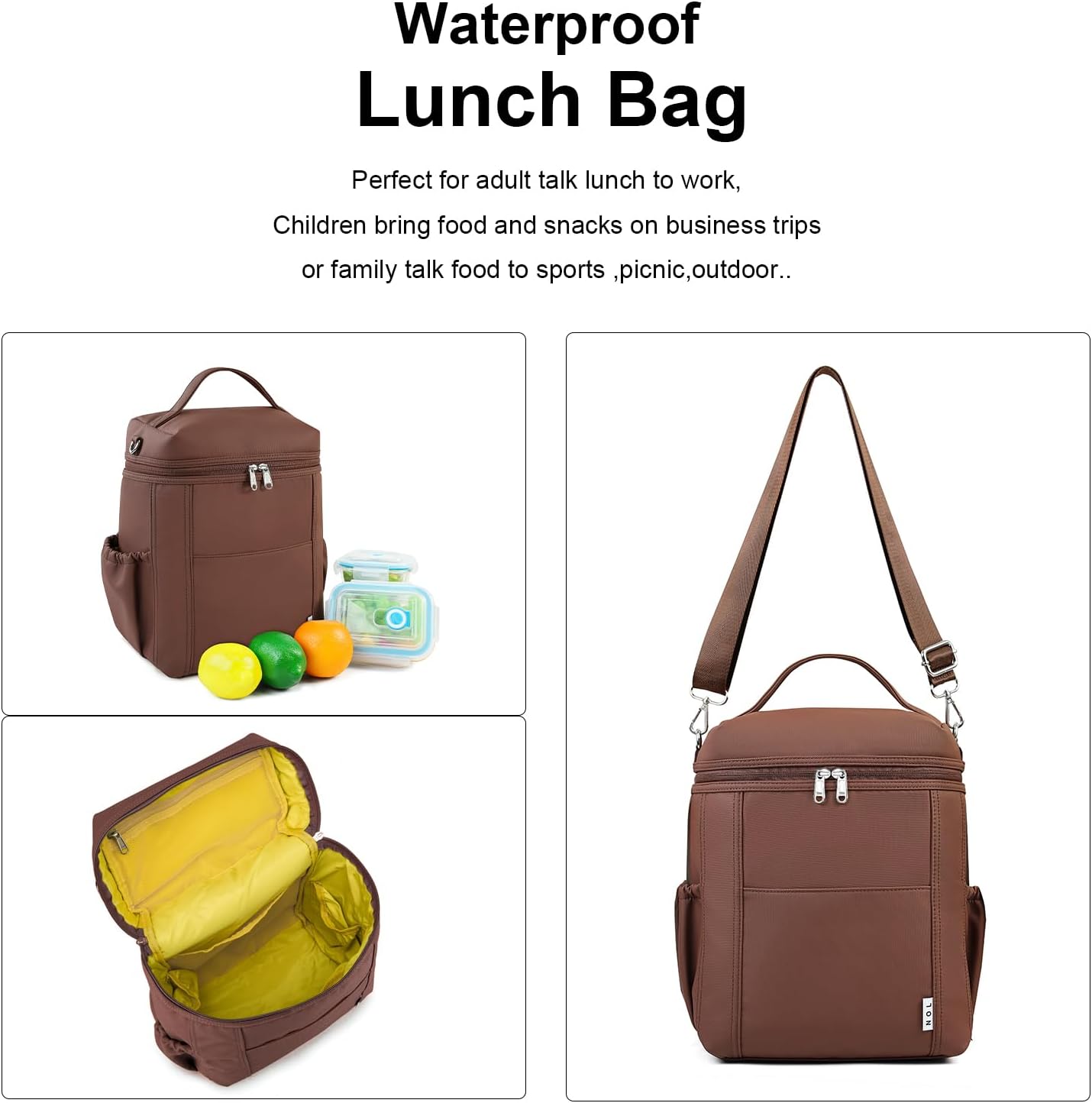 NOL Natural Organic Lifestyle Insulated Lunch Bags for Women Cooler Bag Lightweight Nylon Waterproof Lunch Box For Work (Coffee, Large)