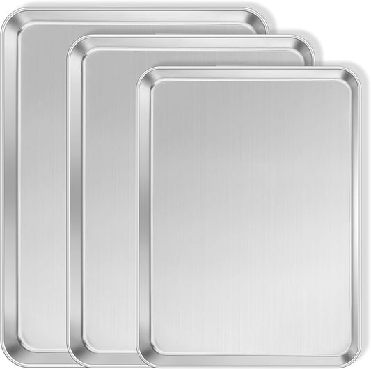 3Pack Cookies Sheets for Baking, Leonyo Stainless Steel Baking Sheets Pans, 1Inch Deep Metal Quarter Sheet Pan Tray for Cookies, Dishwasher Safe