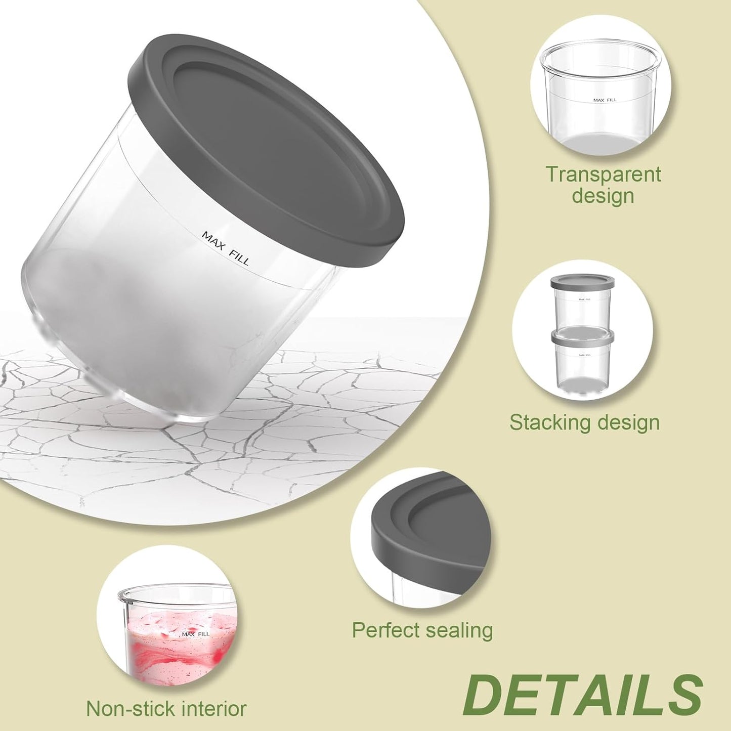 Containers Replacement for Ninja Creami Pints and Lids - 4 Pack,16oz Ice Creamy Containers Cups Jars Canisters Set Compatible with NC299AMZ & NC300s Series Ice Cream Maker- 4 Pack Grey