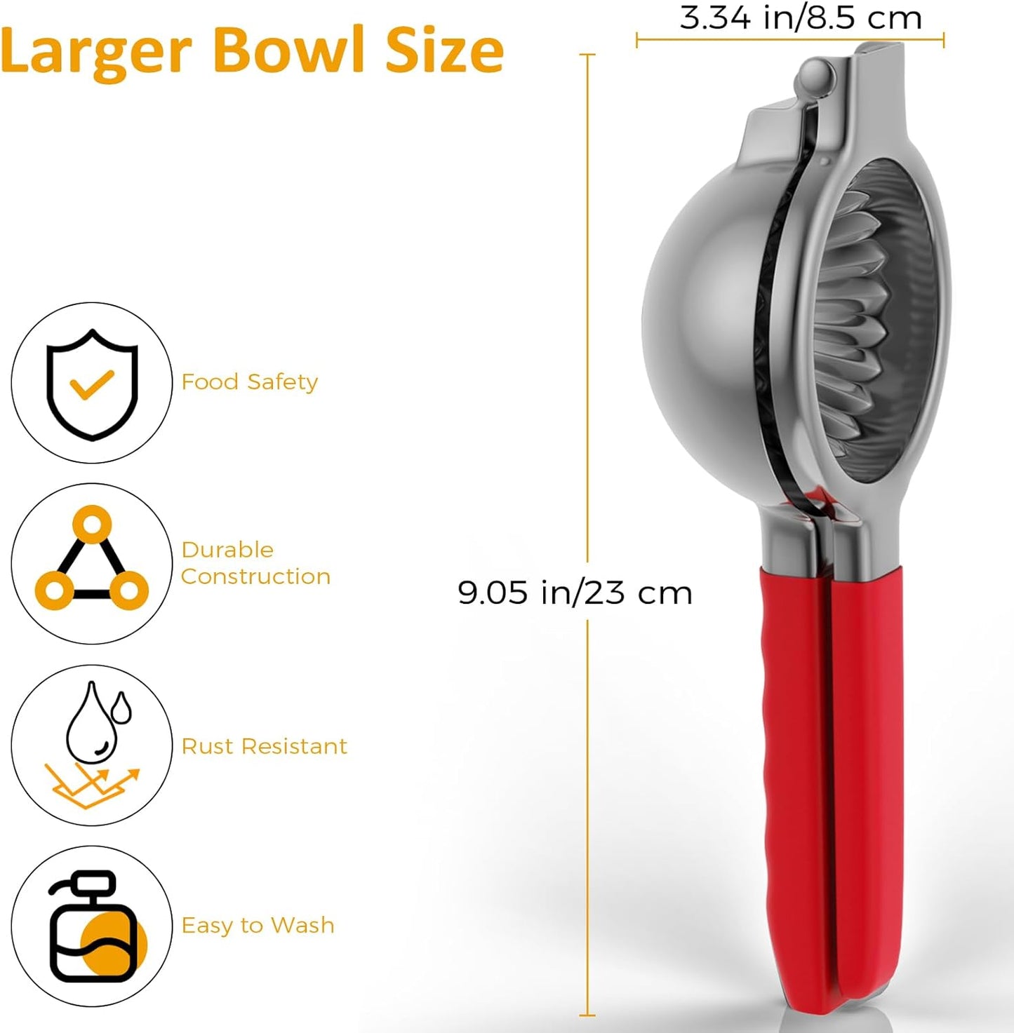 Lemon Squeezer Stainless Steel - Premium Quality, Heavy Duty Solid Metal Squeezer Bowl - Large Manual Citrus Press Juicer and Lime Squeezer (Red)