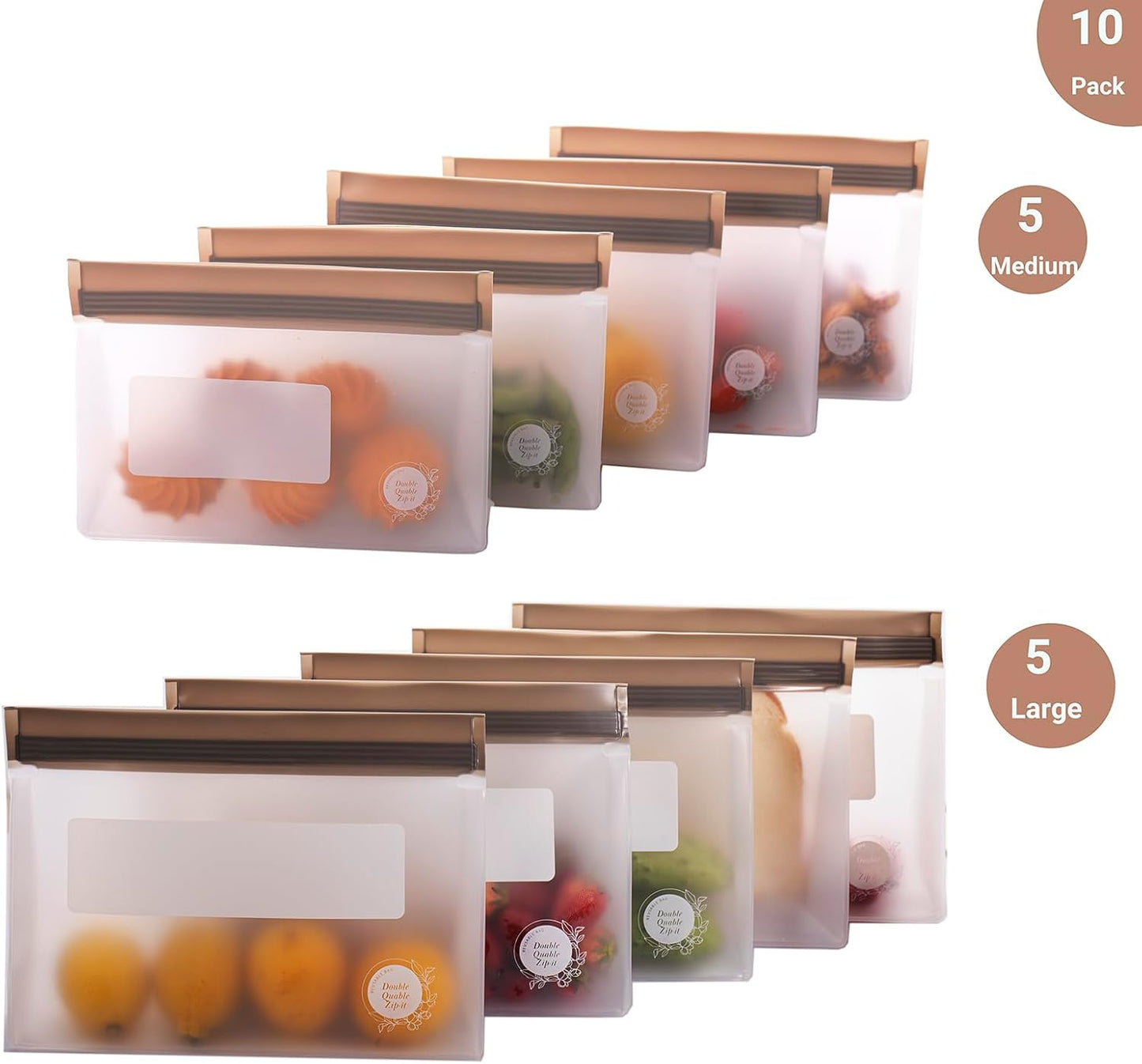 Reusable Silicone Food Storage Bags – 10-Pack Stand-Up, BPA-Free, Freezer, Dishwasher Safe, & Eco-Friendly – 5 L, 5 M Bags – Airtight Leakproof Sandwich, Snack, Travel & Make-Up baggies (Grey)