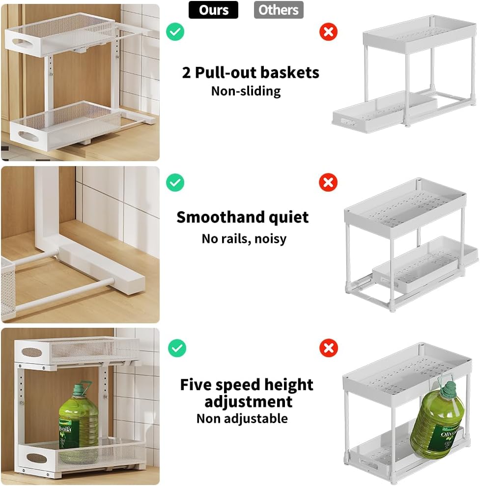 2-pack under sink organizer, 2-tier under sink organizer and storage, slide-out pull-out cabinet organizer with mesh metal sliding drawer for home kitchens, bathrooms, pantries (white)