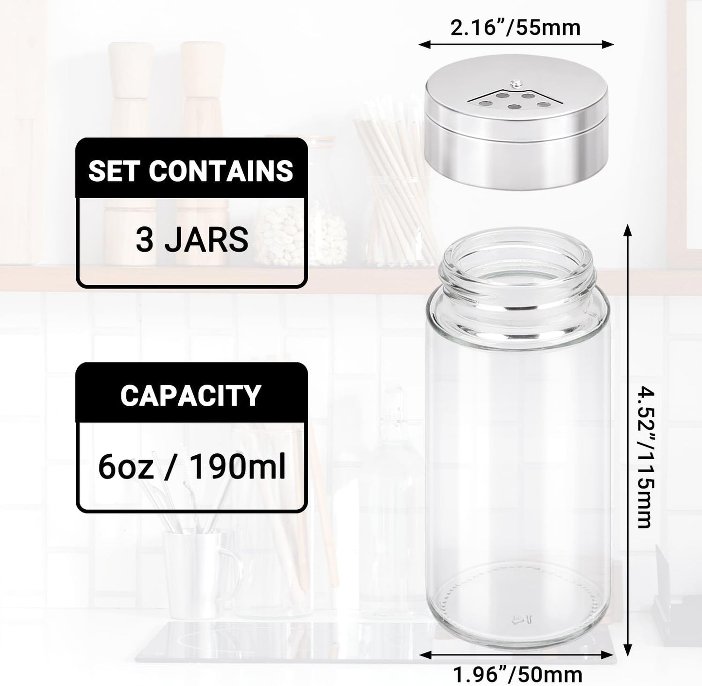 Segarty Spice Jar with Shaker Lids, 3 Pack 6 oz Spice Jars with Adjustable Pour Large Holes for Herbs Grains, Empty Glass Spices Bottles Seasoning Containers Clear Salt Pepper Shakers