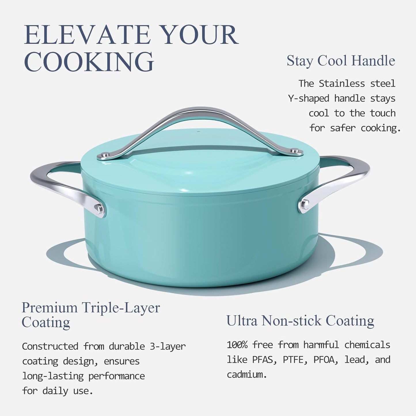 Stock Pot 4.5qt Dutch Oven with Lid (9.5") Nonstick Ceramic Coated Non-Toxic PFAS-Free Even Heat Distribution for Braising, Baking Bread & Soups, Compatible for All Cooktops(Induction/Gas/Electric) Oven Safe to 500°F (Caribbean Blue)