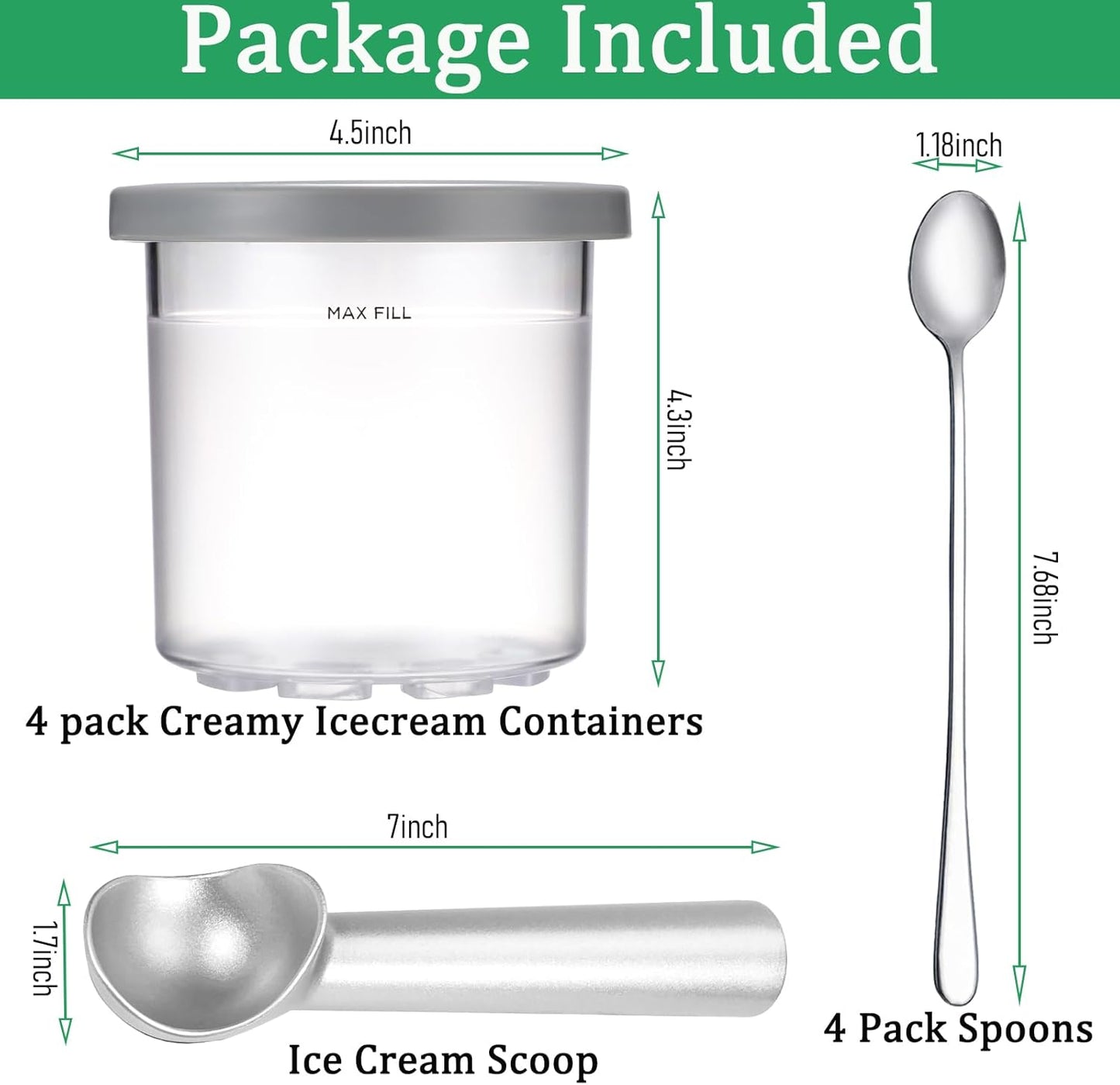 Creami Pints and Lids for Ninja NC301 CREAMi Ice Cream Maker - 4 pack Ice cream Containers Cups Set, 16oz Creami Pint Containers and Lids fit Ninja NC299AMZ NC300 Creamer Ice Cream Maker Accessories