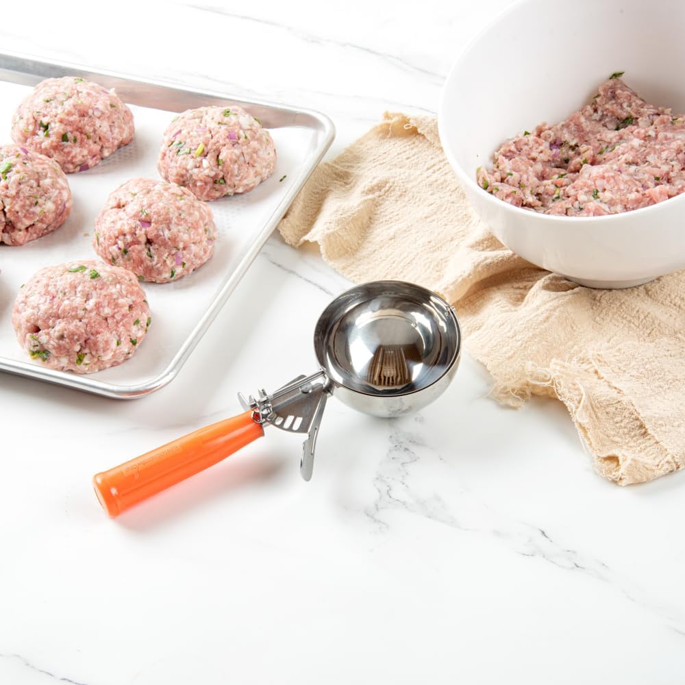 Restaurantware Met Lux 8 Ounce Portion Scoop 1 Durable Disher Scoop - Thumb Trigger Orange Stainless Steel Ice cream Disher For Portion Control For Ice Cream Mashed Potato And Cookie Batter