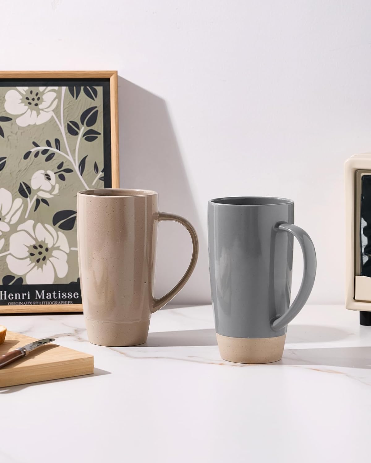 famiware Milkyway Coffee Mugs, 20oz Large Coffee Mug, Ceramic Mug Set of 2 with Lid, Cup Set with Handle for Latte, Tea, Cocoa, Milk, Home & Office, Cinnamon Brown and Dark Gray