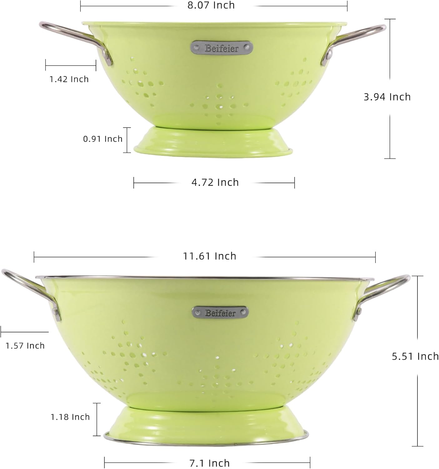 Metal Colander 2 Pack, Strainer Bowel with Handles 2Qt & 6Qt Powder Coated Solid Ring Base Heavey Duty Kitchen Drainer Basket for Pasta Veggies and Fruits,New Home Apartment Essentials (LightGreen)