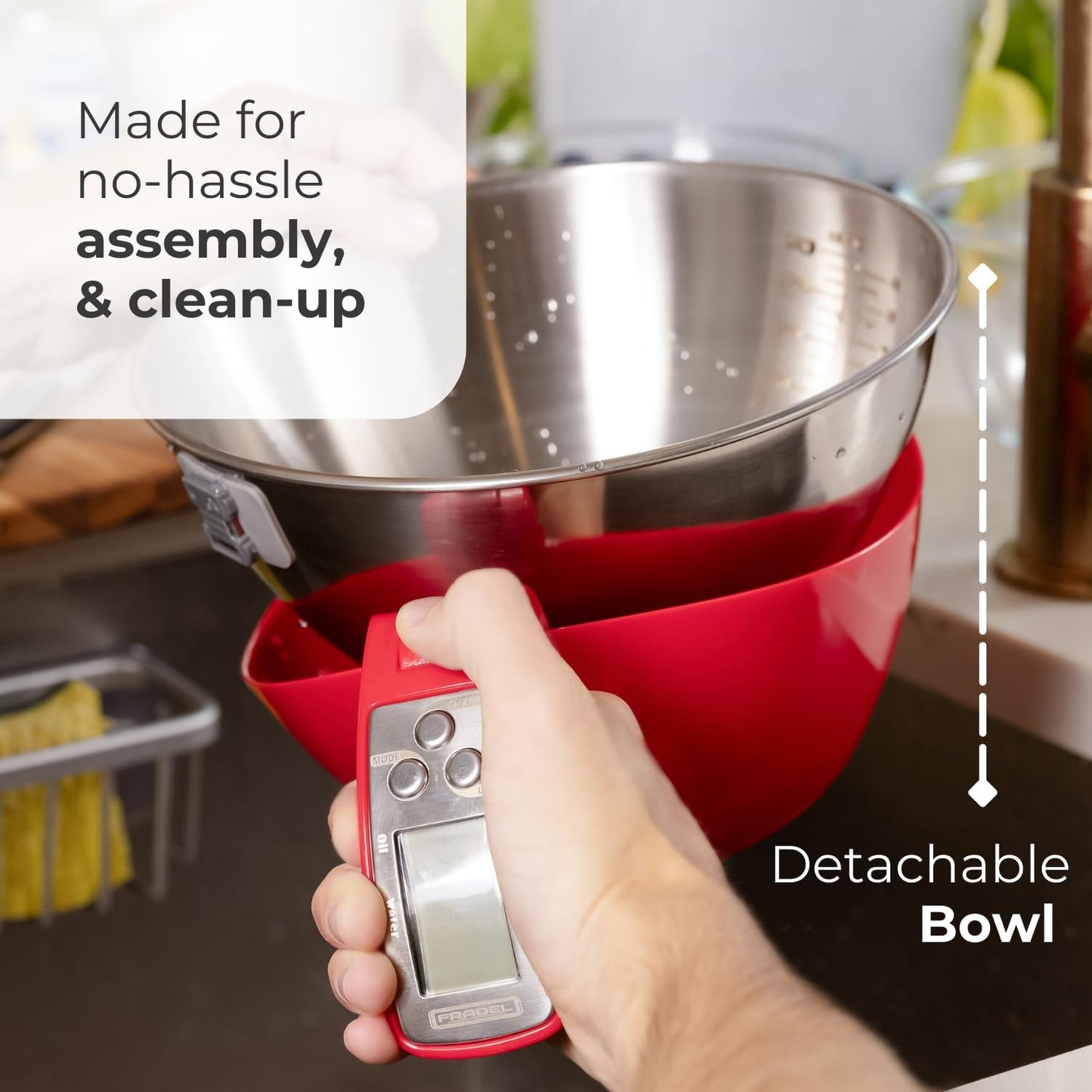 Fradel Digital Kitchen Food Scale with Bowl - 11lb, Grams & Ounces - Removable, Dishwasher-Safe Mixing Bowl - Red