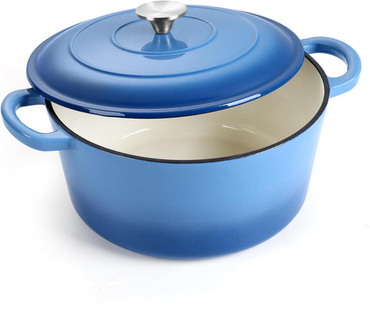 E-far 6 Quart Enameled Cast Iron Dutch Oven with Lid, Round Dutch Oven Pot Nonstick Cookware for Braising, Stews, Roasting, Bread Baking, Cooking, Heavy Duty, Induction & Oven Safe - Blue