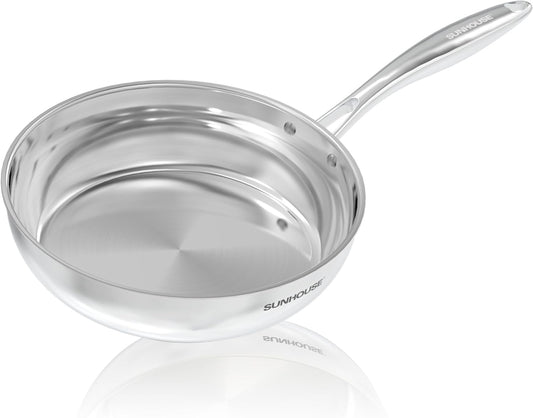 Sunhouse 9.5 Inch 18/10 Chef Series Stainless Steel Frying Pan, Tri-Ply Stainless Steel Construction, PFOA-FREE, Stay-Cool Handle, Induction Compatible