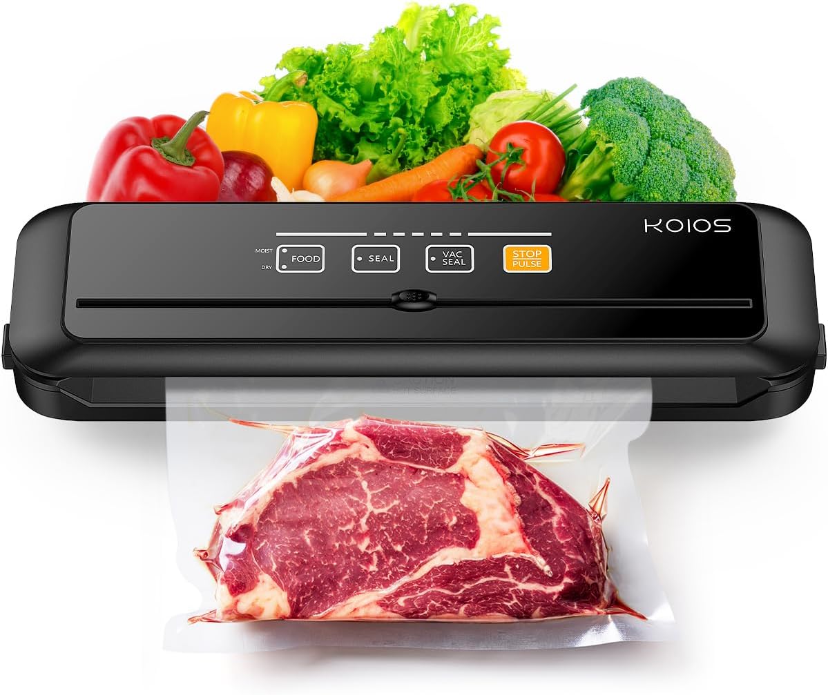 KOIOS Vacuum Sealer Machine, 90Kpa Automatic Vacuum Air food sealer/Built-in Cutter Starter Kit, Dry & Moist Food Preservation Modes, Pulse Function, LED Indicator Lights, Black