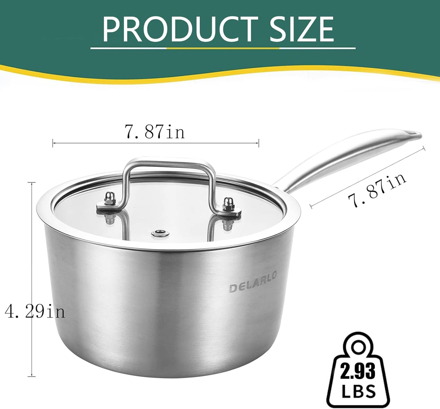 DELARLO Whole Body Tri-Ply Stainless Steel 3 Quart Saucepan with Lid, Oven Safe 600℉, Heavy Duty Saucier Pan 3 Quart, Fast and Even Heat, Kitchen and Dining Sauce Pot, Induction Pot(Lids 300℉)