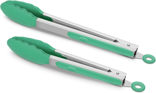 9-Inch & 12-Inch Premium Stainless Steel Food Tongs, Turquoise Silicone BPA Free Non-Stick BBQ Cooking Grilling Locking Kitchen Tong
