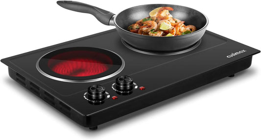 CUSIMAX Double Burner, 1800W Ceramic Electric Hot Plate for Cooking, Dual Control Infrared Cooktop, Portable Countertop Burner, Glass Plate Electric Cooktop, Stainless Steel Black