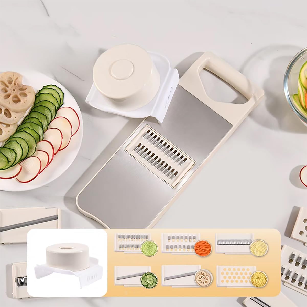 6-Blade Mandoline Slicer with Slide-On Hand Guard - Vegetable Slicer, Potato/Onion/Garlic Slicer, Kitchen Grater(Multi-Color) (Beige, 6-in-1)