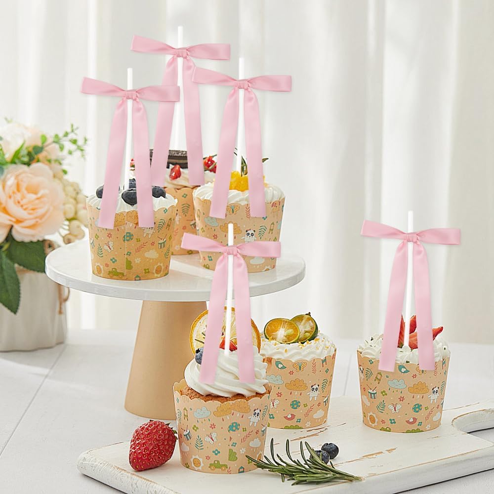 Bow Cake Toppers, 10 Pcs Large Pink Bows Cupcake Toppers Themed Party Decorations, Pink Birthday Cake Decorations for Wedding Baby Shower Party Supplies