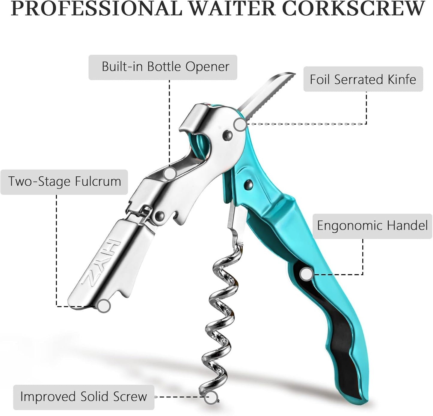 HYZ 2-Pack Wine Opener Waiter Corkscrew, Professional Wine Key for Servers, Bartender with Foil Cutter, Manual Wine Bottle Opener Double Hinged (Blue)