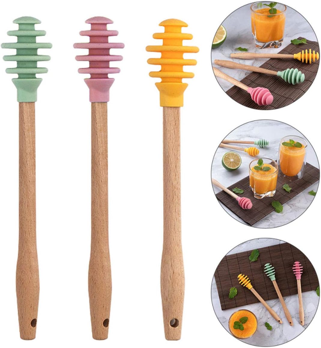 Silicone Honey Dipper Sticks, 3PCS Spiral Design Non-Drip Honey Spoon with Jar Stirring Rod, Food-Grade BPA Free Dispenser for Syrup, Jam & Beverages