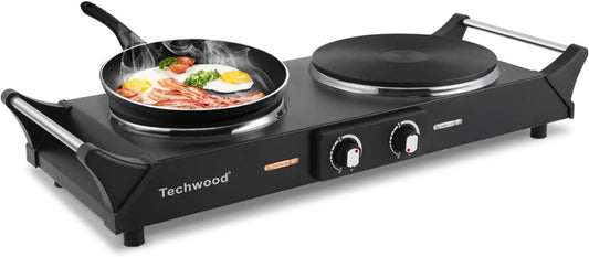 Techwood 1800W Hot Plate Portable Electric Stove Countertop Double Burner with Adjustable Temperature & Stay Cool Handles, 7.5” Cooktop for RV/Home/Camp, Compatible for All Cookwares