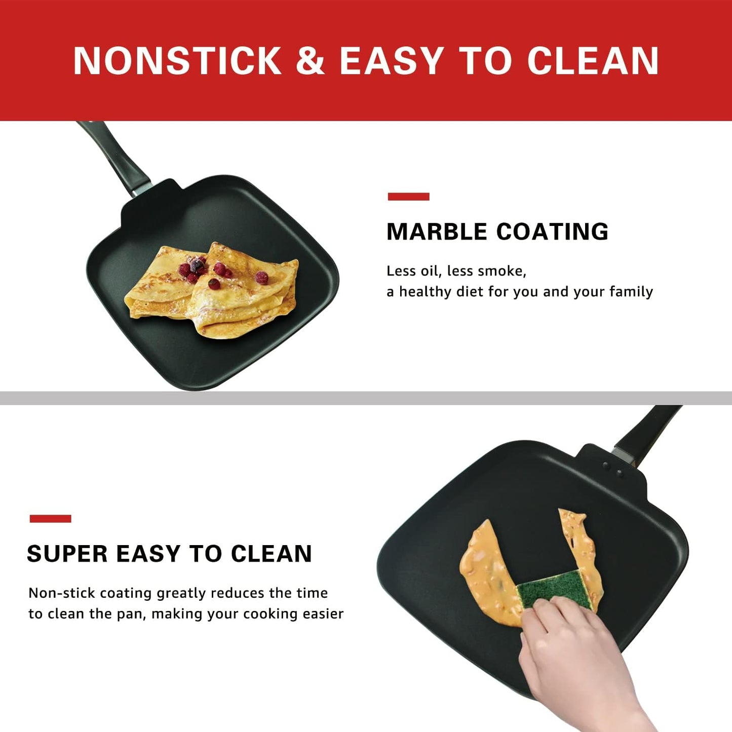 10 Inch Square Griddle Pan, Nonstick Grill Pan for Cooking Eggs, Omelettes, and More, Griddle Cookware, PFOA Free