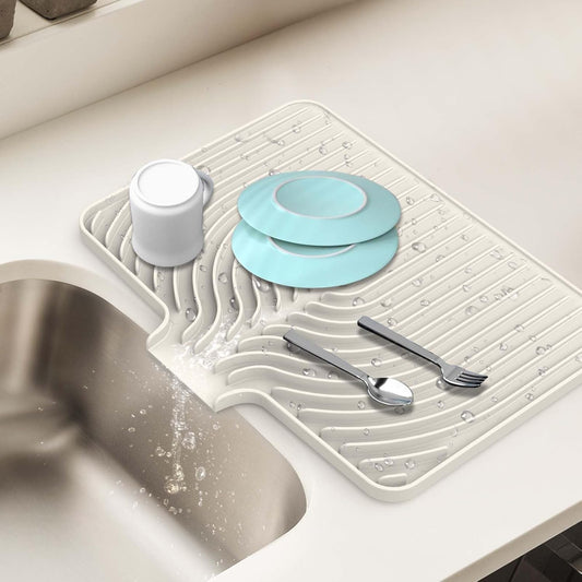 Silicone Dish Drying Mat for Kitchen Counter with Built-in Drain, Easy Clean Pad for Countertop Protection, Fast Self-Draining Slope, Non-Slip, Multiple Use 17.7 x 11.8 Inch ( Tapioca)