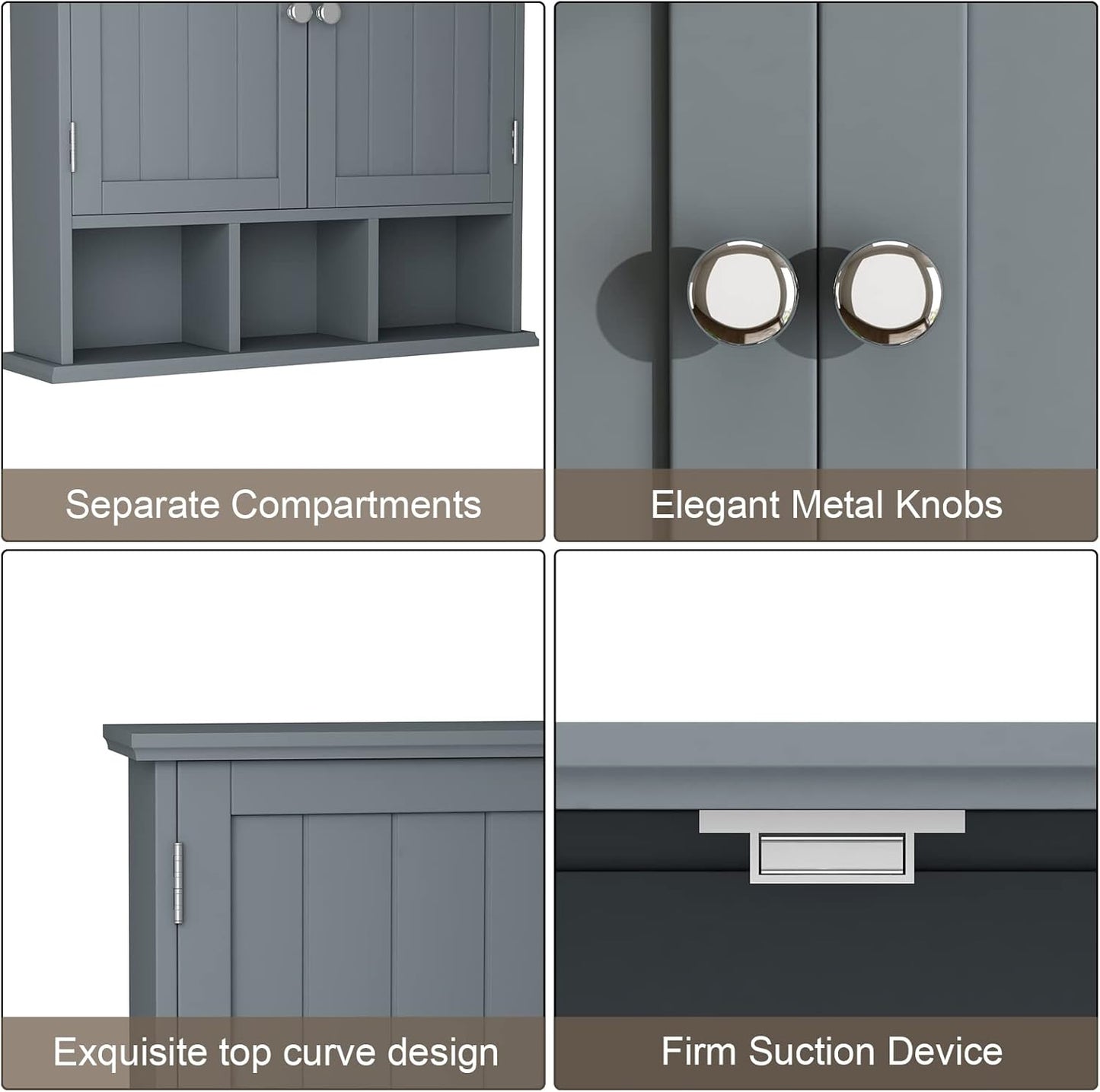 ChooChoo Bathroom Cabinet Wall Mounted 2-Door with 3 Open Shelves, Wooden Medicine Cabinets with Adjustable Shelf, Space Saver Storage Cabinets Over The Toilet for Bathroom&Living Room, Grey